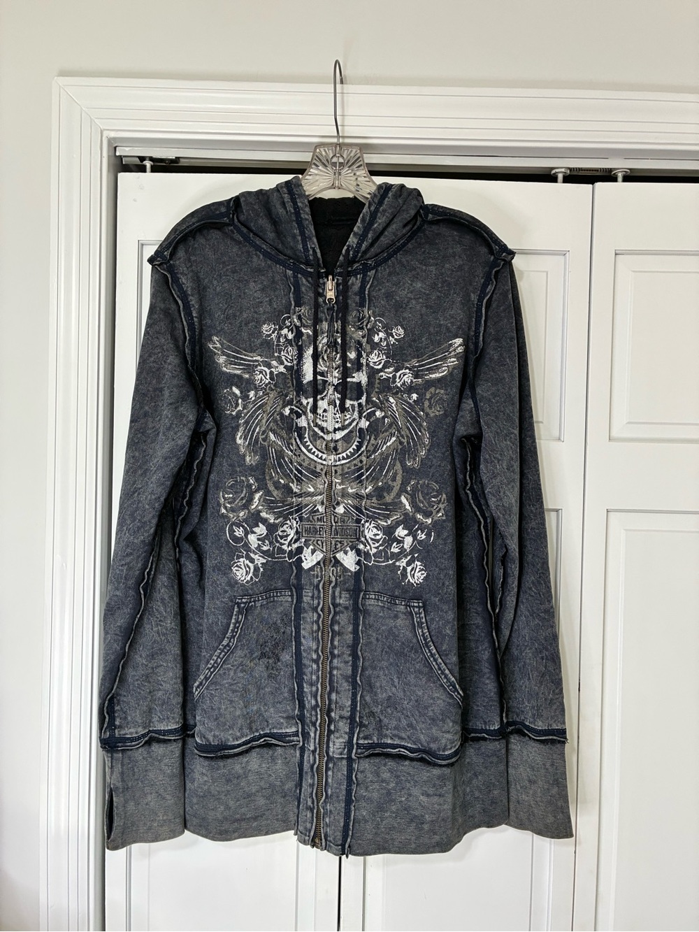 Women's Harley Davidson Zip Hoodie Jacket - Washed Charcoal with Graphic Print